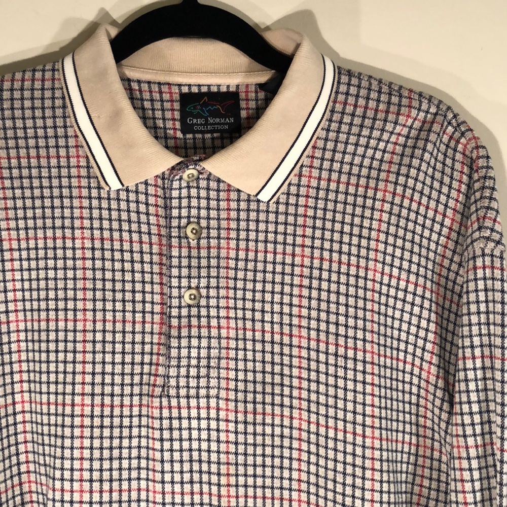 Greg Norman Tan, Navy, Red & White Shirt Size L